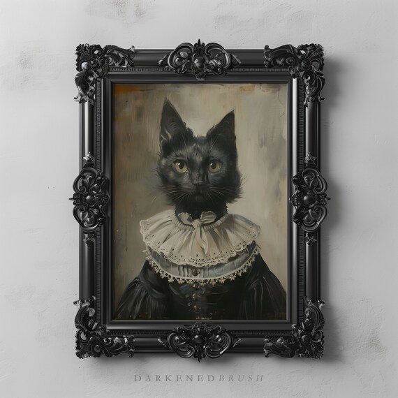 Victorian Renaissance Black Cat Art Wall Lover Gift Dark Gothic Oil Painting Academia Moody