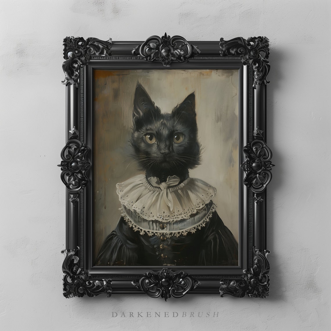 Victorian Renaissance Black Cat Art Wall Lover Gift Dark Gothic Oil Painting Academia Moody