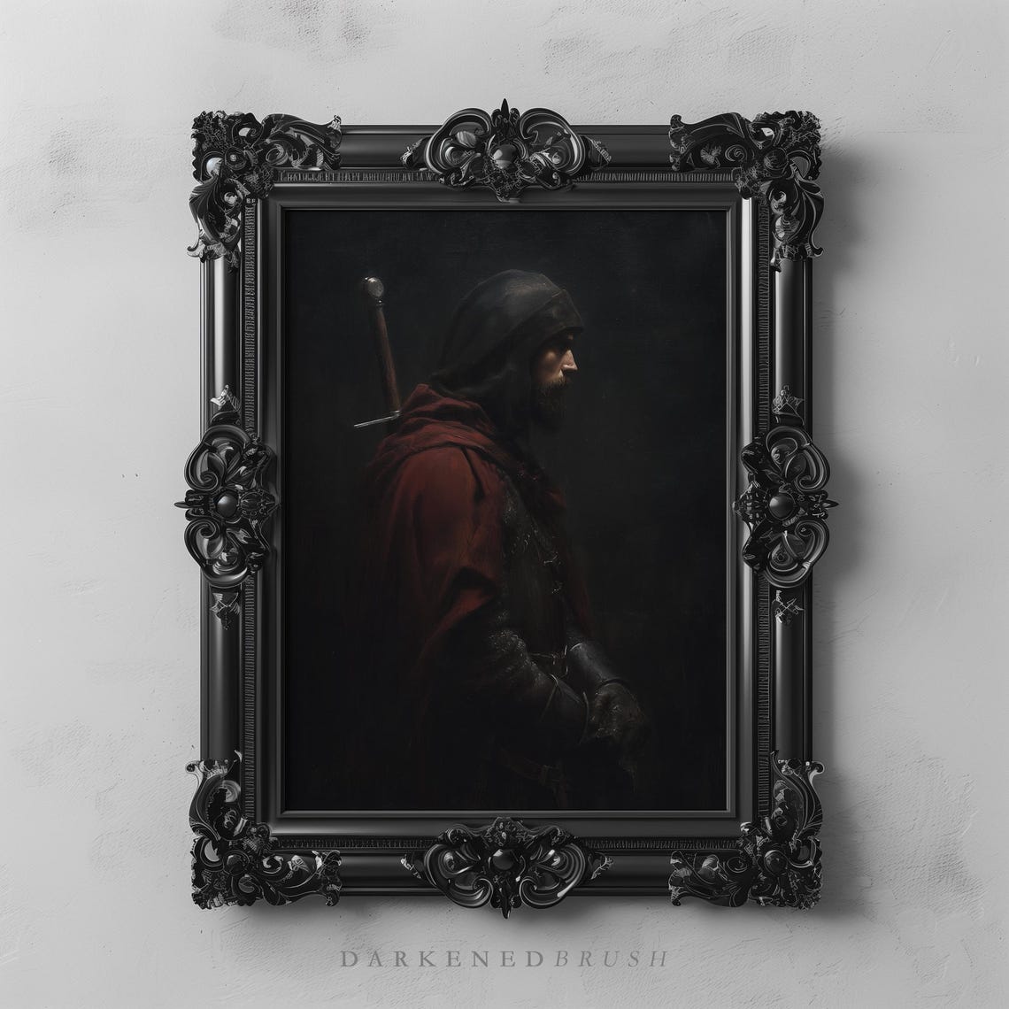 Dark Fantasy Medieval Knight In Red Cloak Wall Art Gothic Decor Sword Bearer Academia