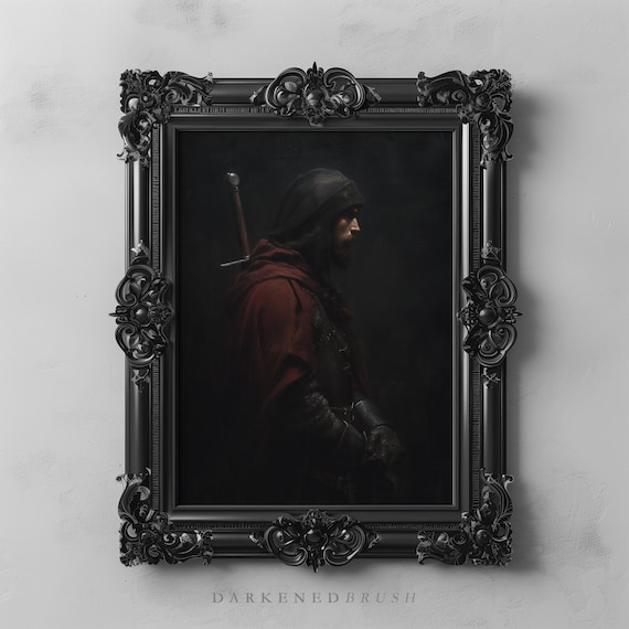 Dark Fantasy Medieval Knight In Red Cloak Wall Art Gothic Decor Sword Bearer Academia
