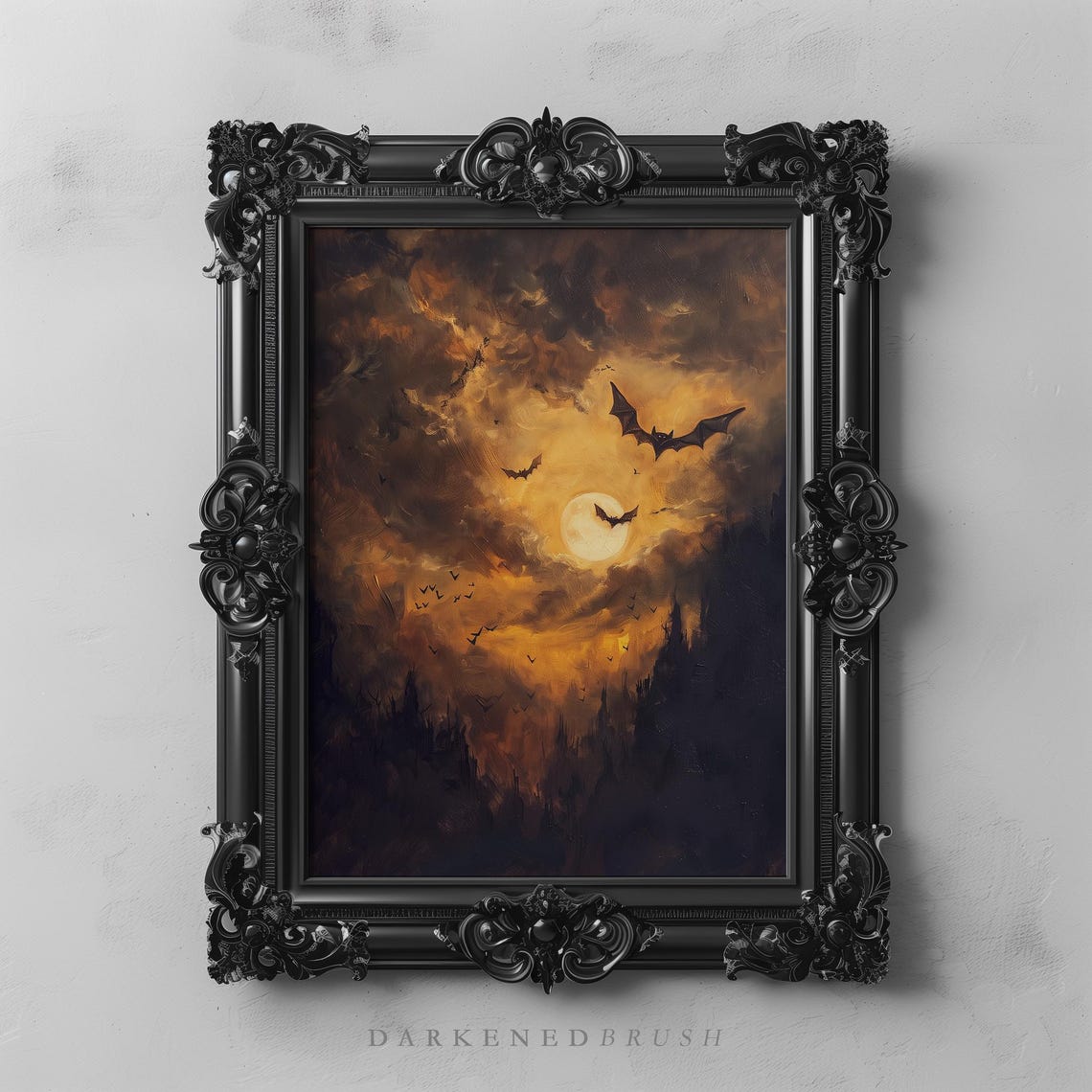 Gothic Bats Over Full Moon Orange Storm Clouds Halloween Poster