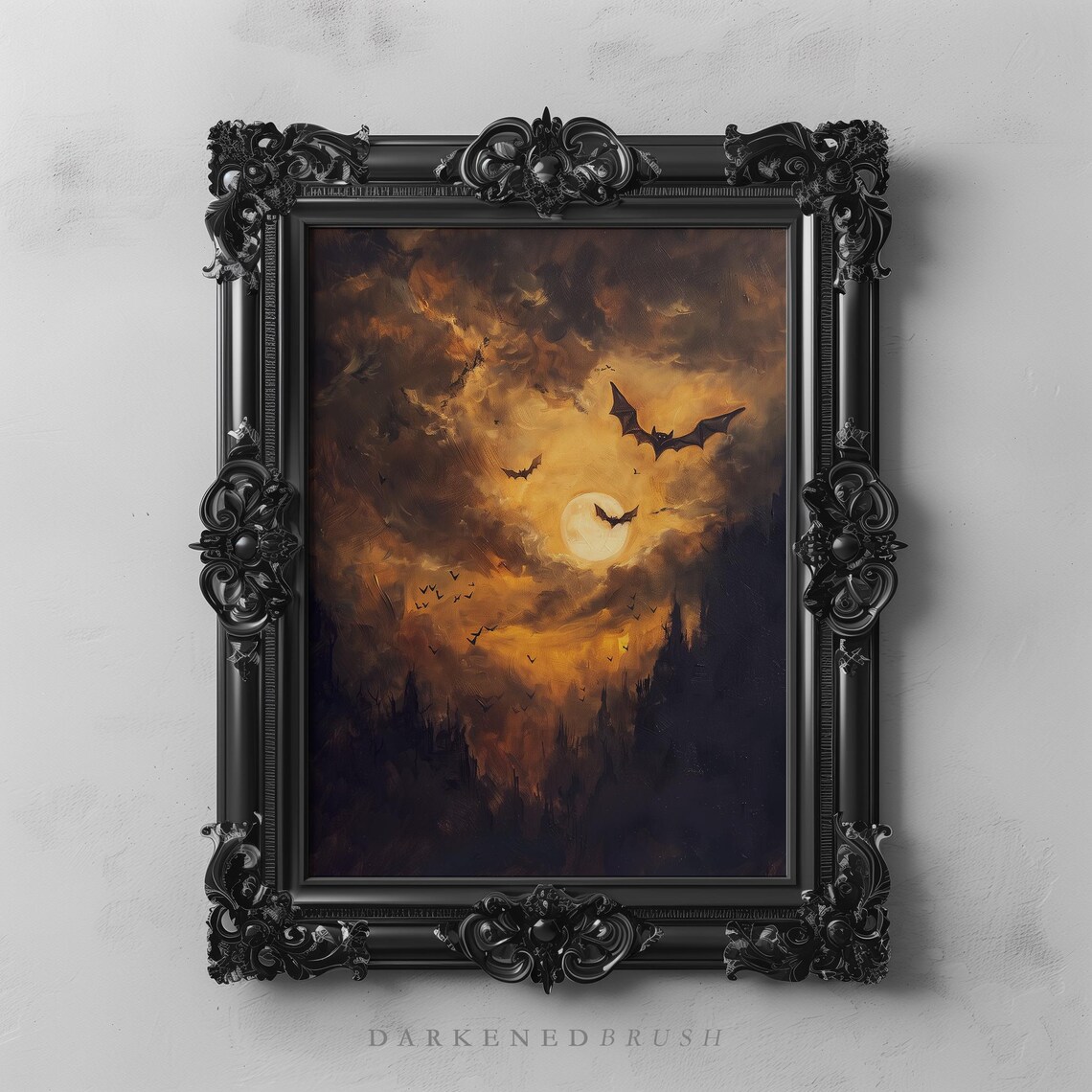 Gothic Halloween Bats Wall Art Spooky Full Moon Decor Dark Academia Moonlit Night Sky