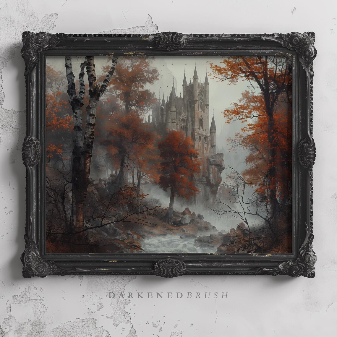 Gothic Castle Autumn Forest Art Print, Vintage Halloween