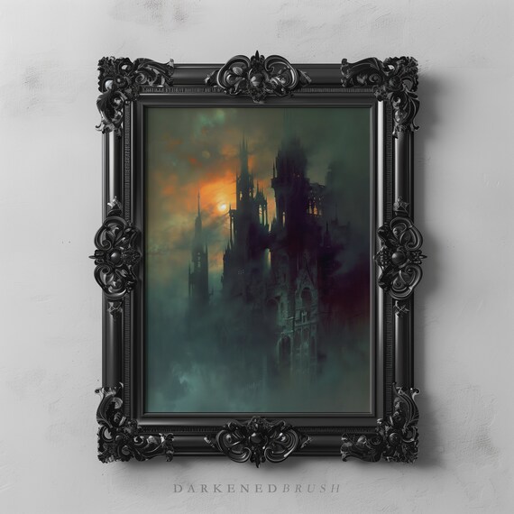 Dark Academia Gothic Cathedral Oil Painting Haunted Dracula Castle Art Moody Victorian Goth Wall Decor