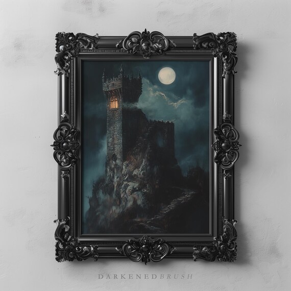 Haunted Castle Wall Art Gothic Tower Dark Academia Night Spooky Full Moon Oil Painting Medieval Fantasy Decor