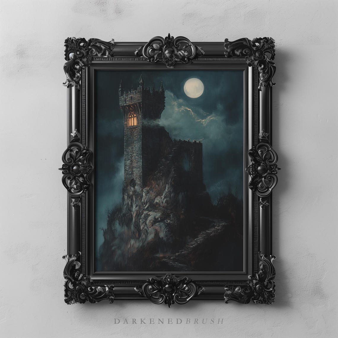 Haunted Gothic Castle Tower Under Full Moon Night Spooky Art Poster