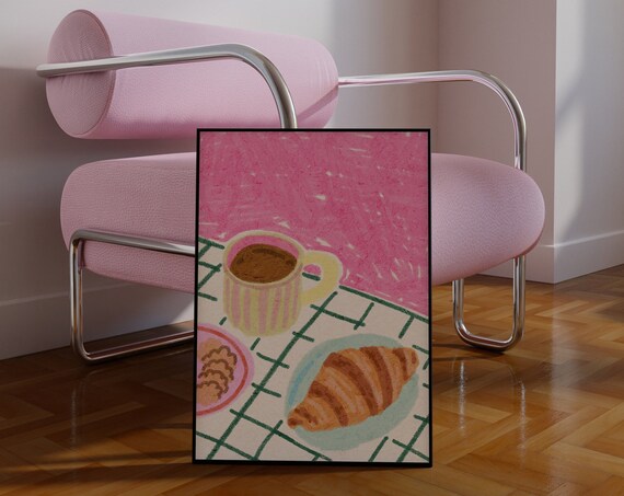 Coffee And Croissant Illustration, Kitchen Art Print
