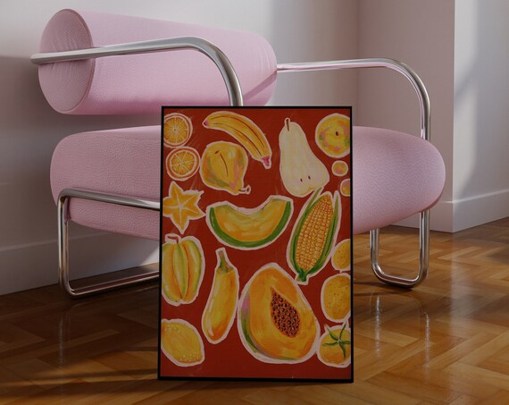 Yellow Fruits Vegetables Illustration Red Kitchen Still Life Art Print