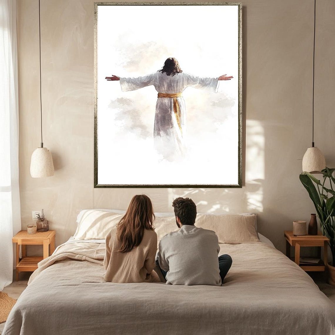 Jesus With Open Arms Watercolor Back View White Robe Gold Sash Poster - Image 2