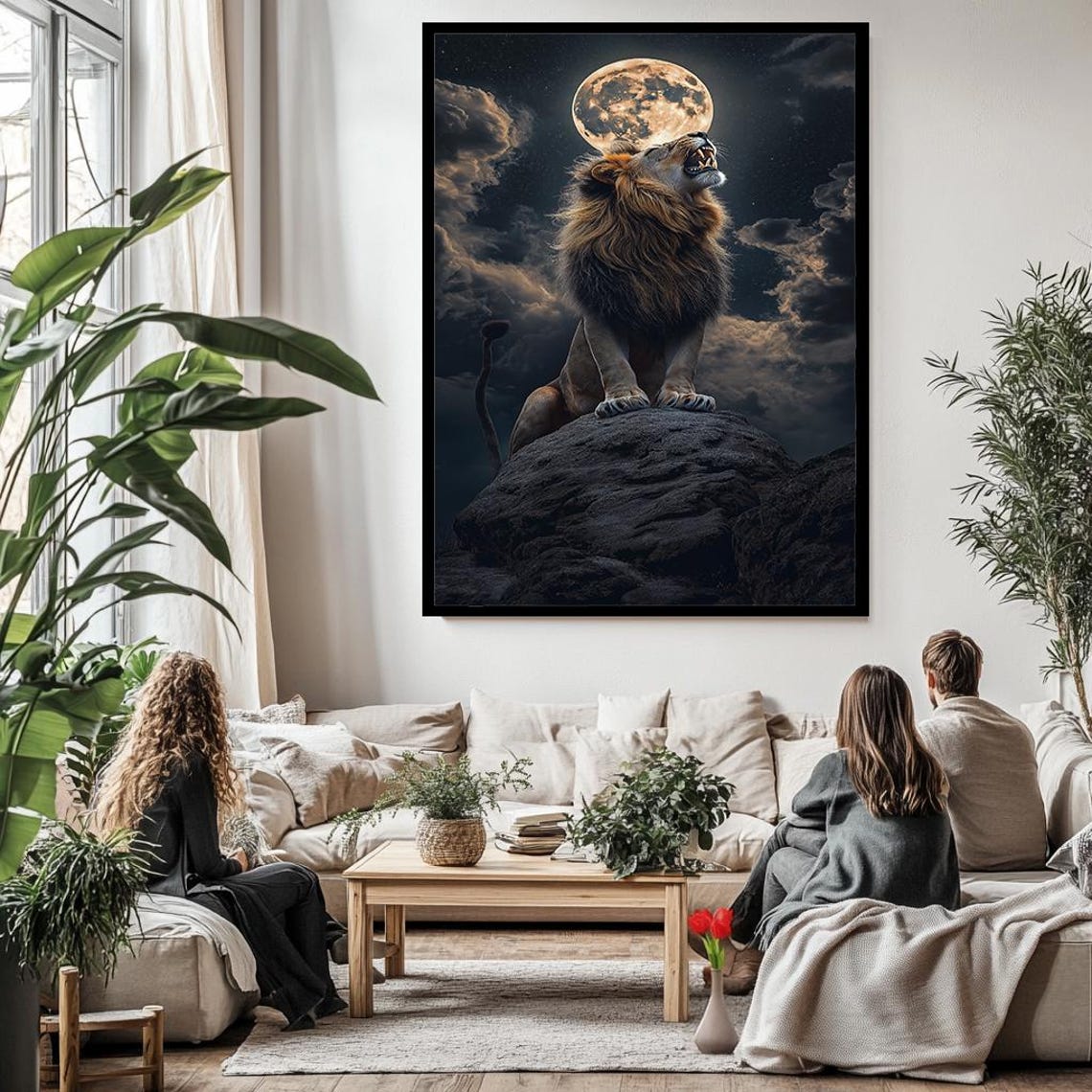 Lion Roaring at Full Moon Dramatic Cloudy Night Sky Wildlife Poster - Image 3