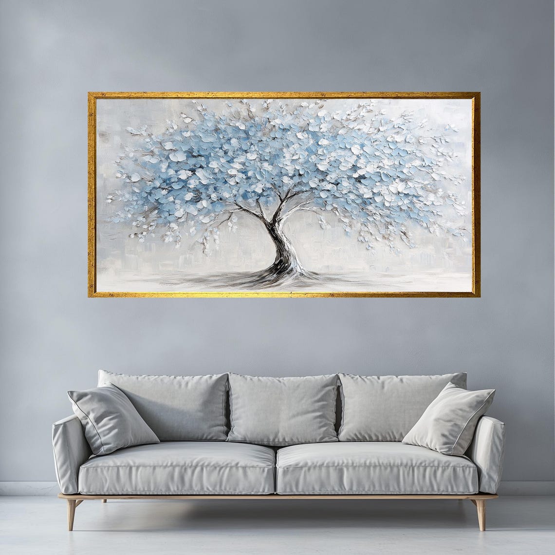 Blue Tree Textured Palette Knife Painting White Light Background Print - Image 4