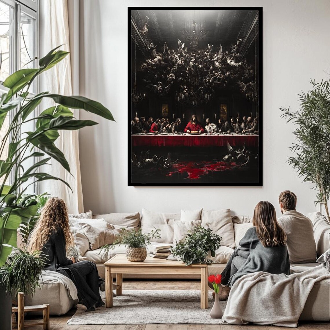 The Last Supper Dark Gothic Painting Jesus In Red With Angels Wall Art - Image 3