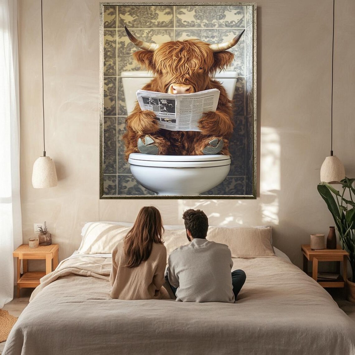 Funny Highland Cow Sitting On Toilet Reading Newspaper Bathroom Poster - Image 2
