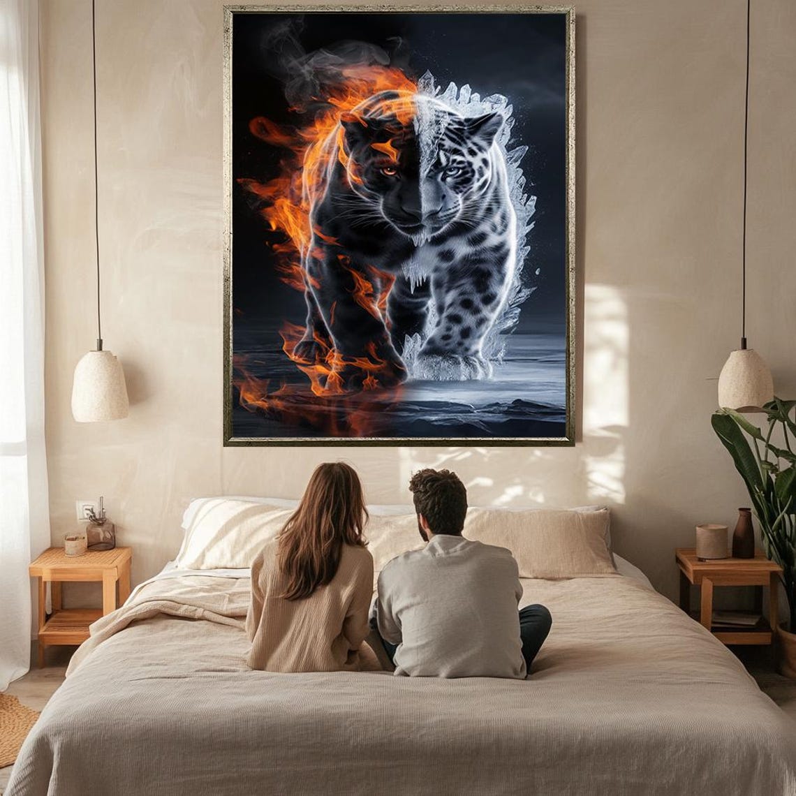 Fire And Ice Tiger Flames Frost Split Dramatic Wildlife Wall Art - Image 2