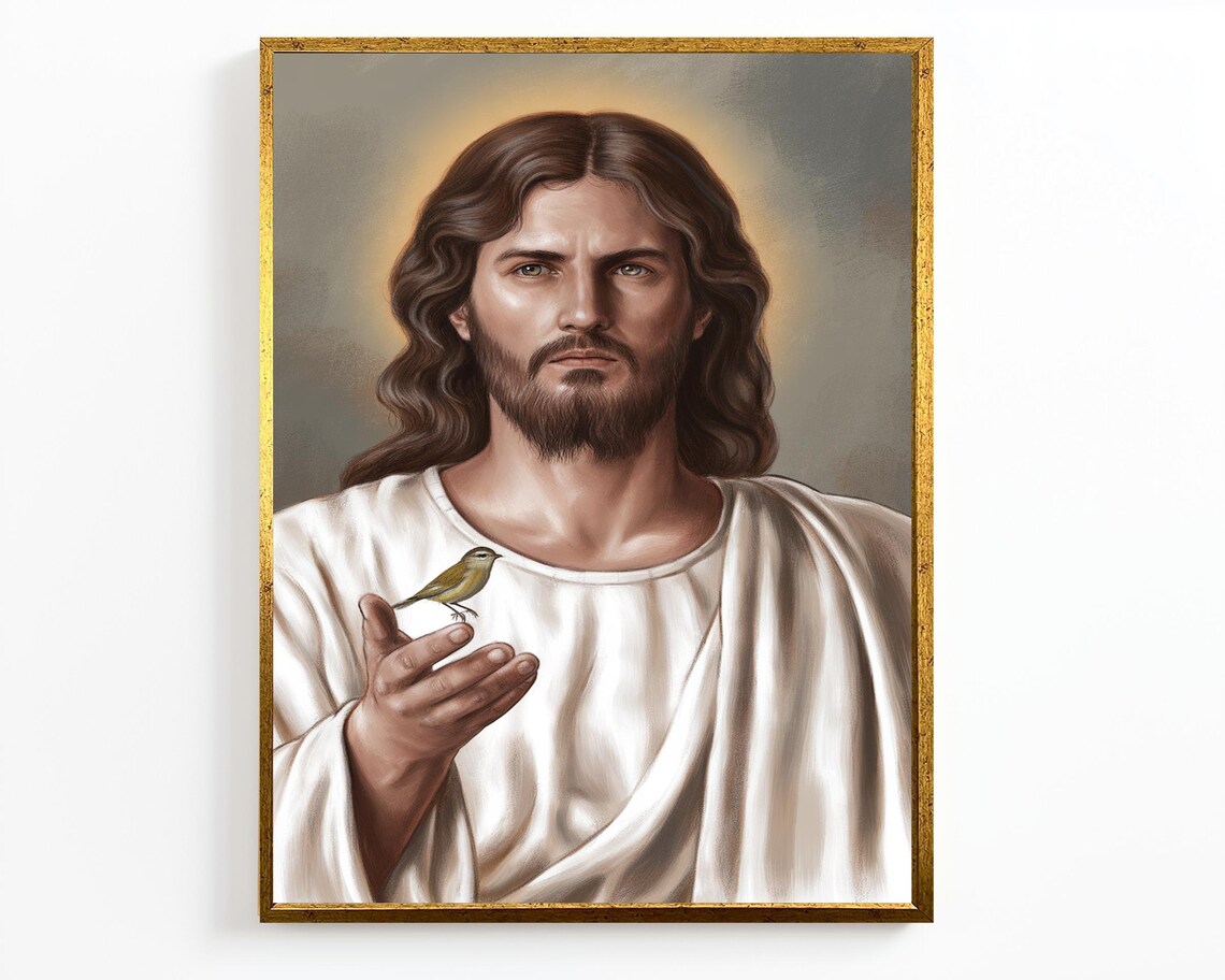 Jesus Christ With Halo Holding Small Bird On Hand Gentle Portrait Poster - Image 4