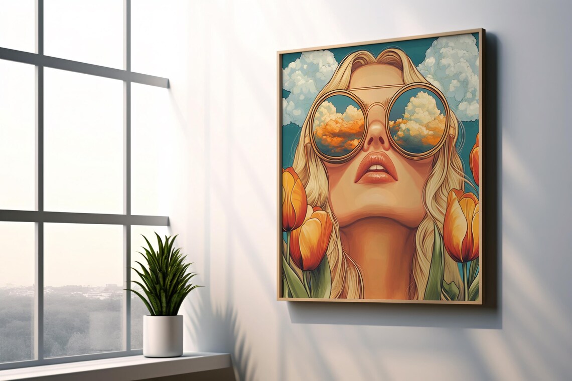 Retro Woman Cloud Sunglasses Orange Tulips Bold Pop Art Print - Image 4