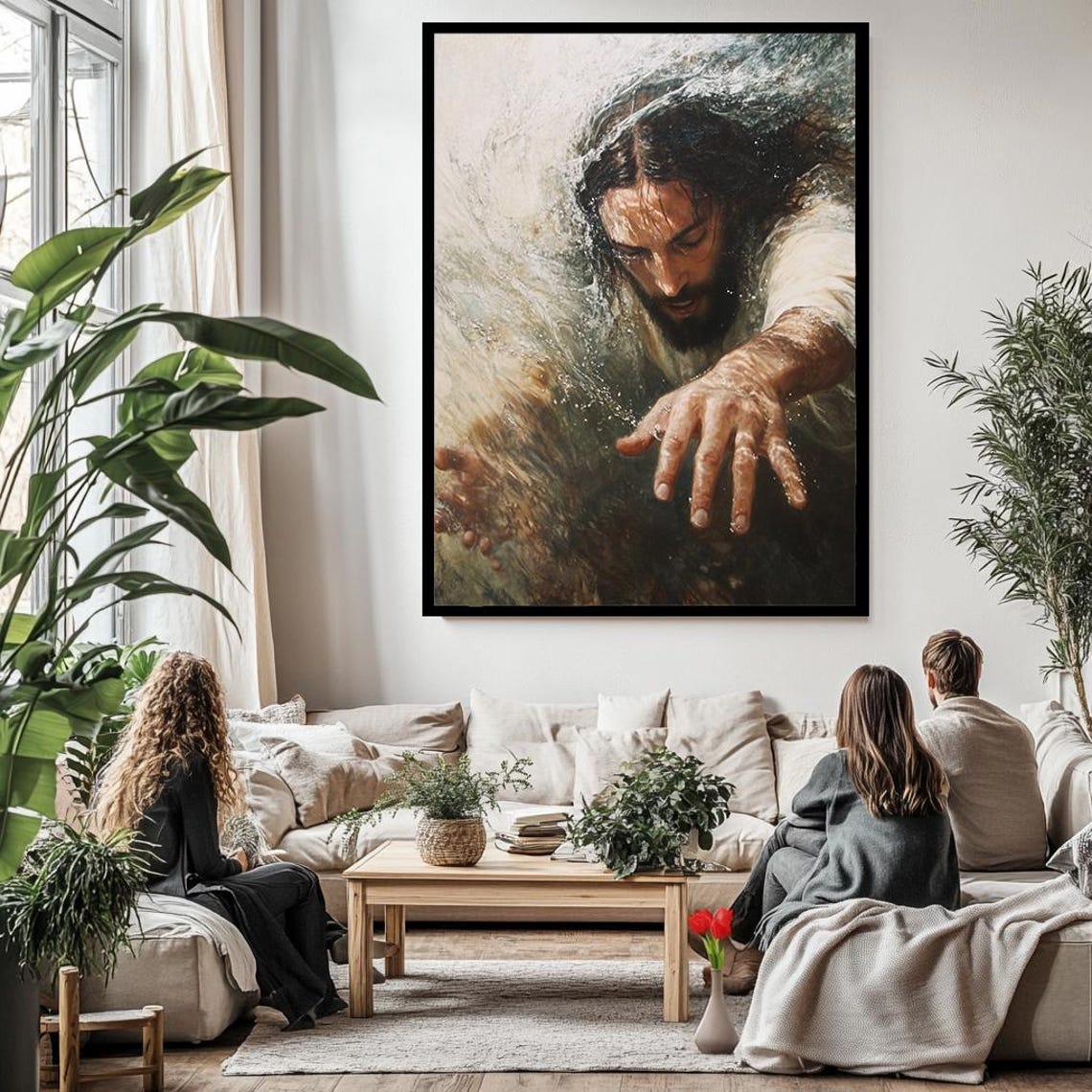 Jesus Reaching Through Water Hand Outstretched Powerful Faith Poster - Image 3