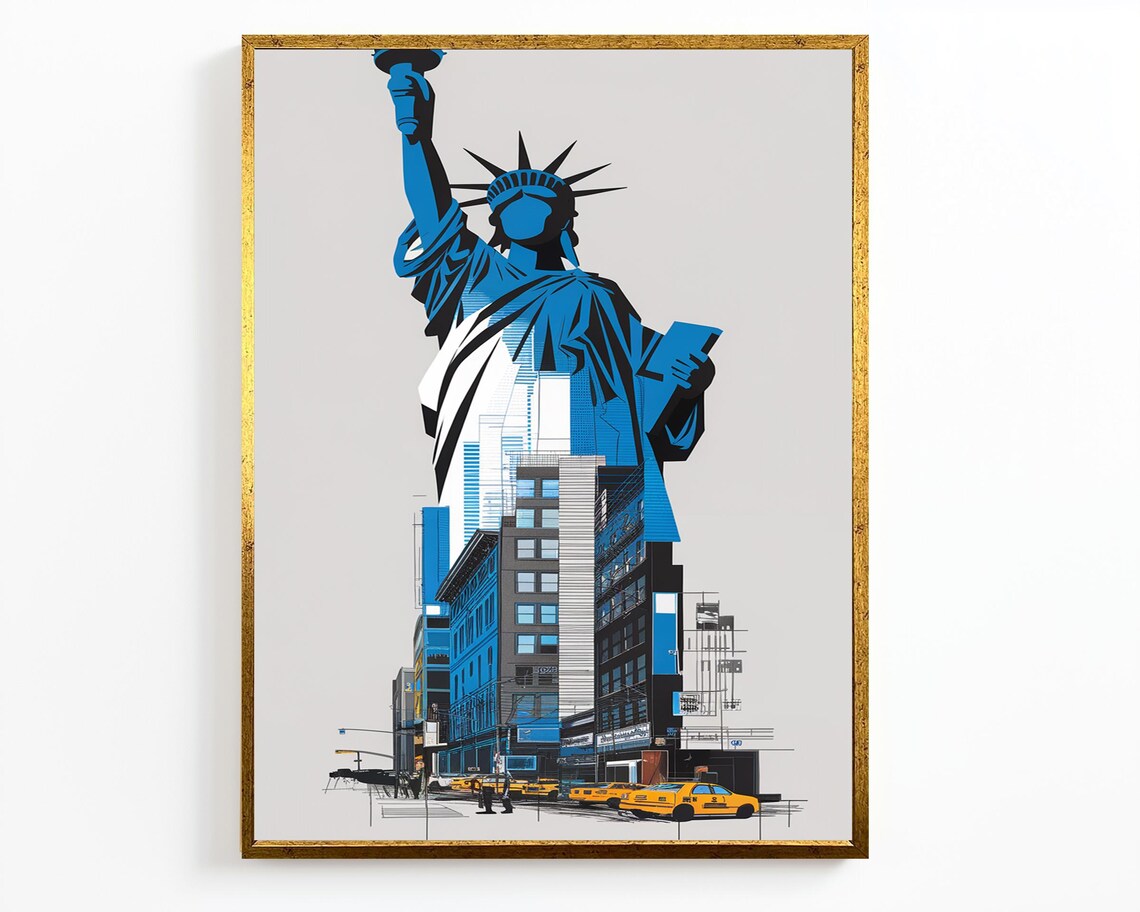 Statue Of Liberty New York City Blue Pop Art Skyline Travel Poster - Image 4