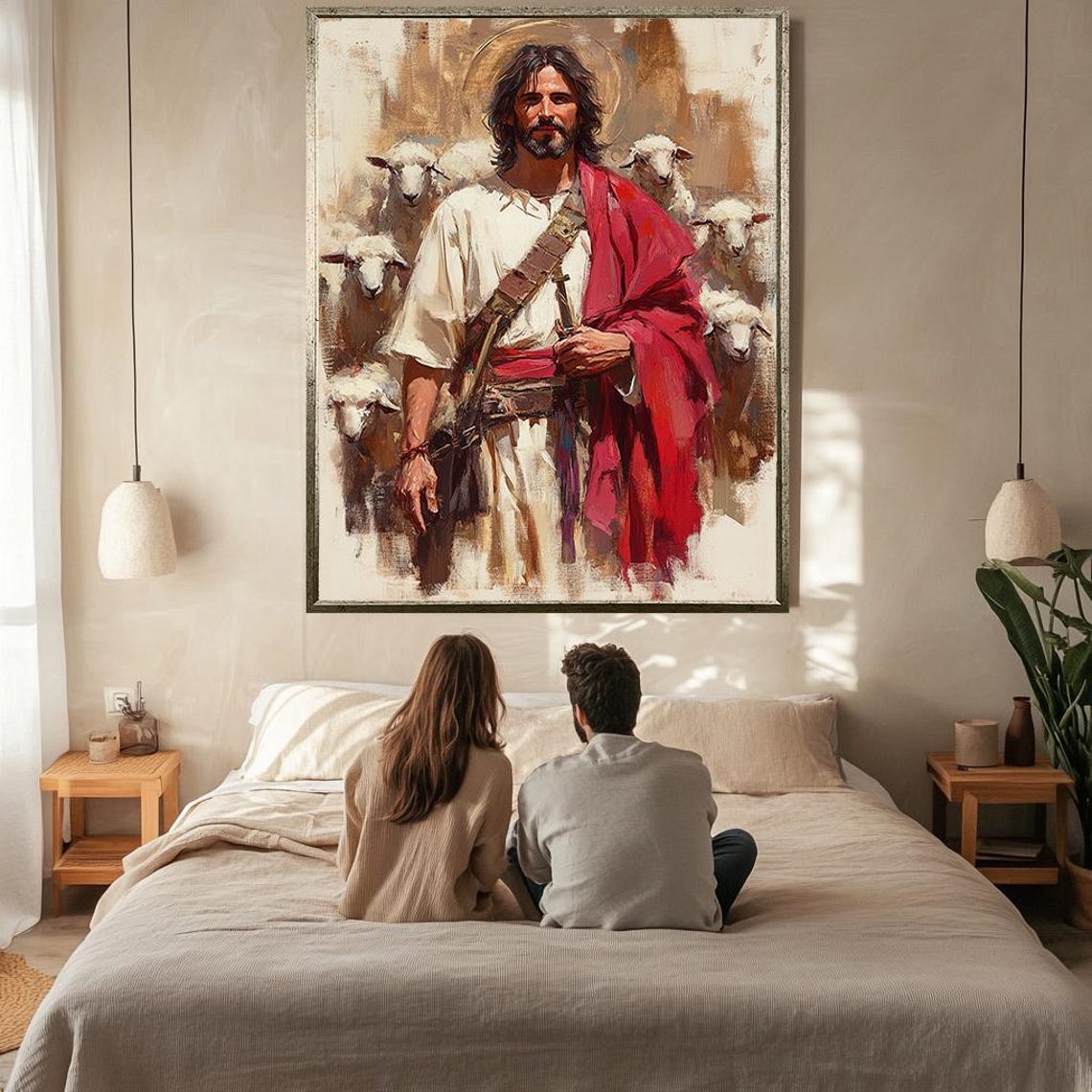 Jesus Christ Good Shepherd Flock Sheep Red Robe Faith Art Wall Poster - Image 2