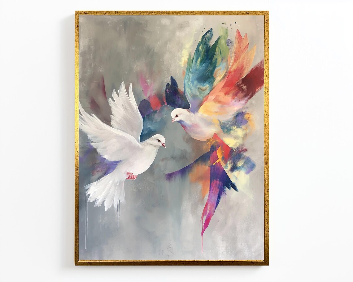 White Dove Colorful Watercolor Pair Peace Symbol Bird Art Wall Poster - Image 4