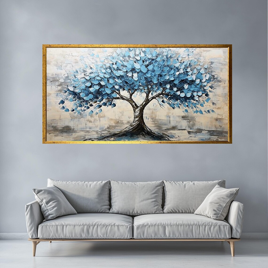 Abstract Blue Tree Painting Textured Palette Knife Wall Art Modern Nature Decor Elegant Blue Tree Minimalist Home Artwork - Image 5