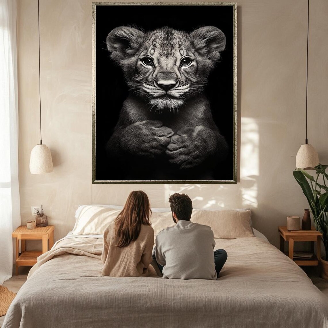 Black And White Lion Cub Portrait Cute Baby Lion Dark Background Poster - Image 2