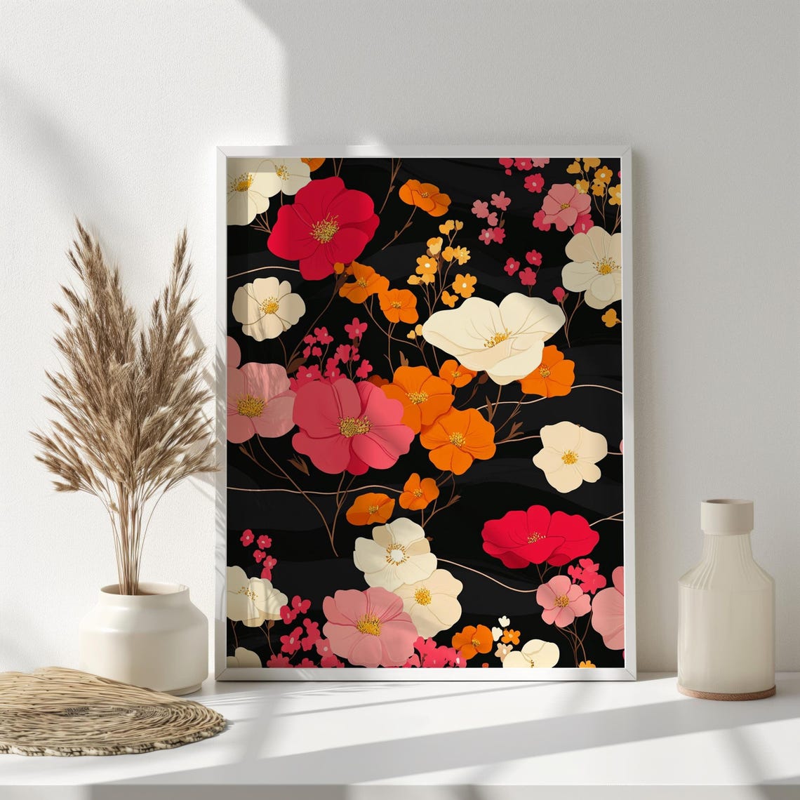 Vibrant Cosmos Floral Pattern Red Pink Orange Blooms Black Wall Art