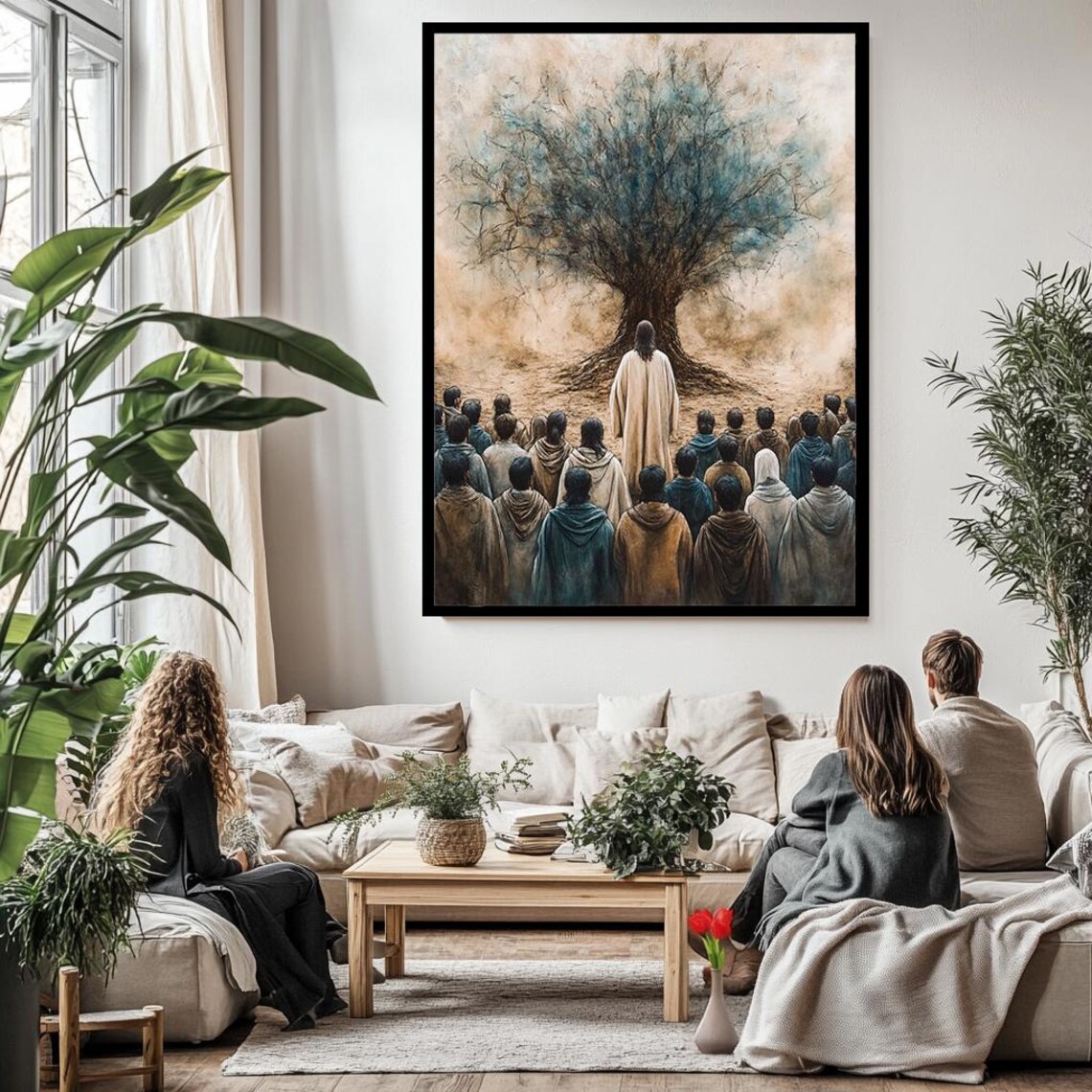 Jesus Teaching Followers Beneath Large Olive Tree Muted Watercolor Print - Image 3