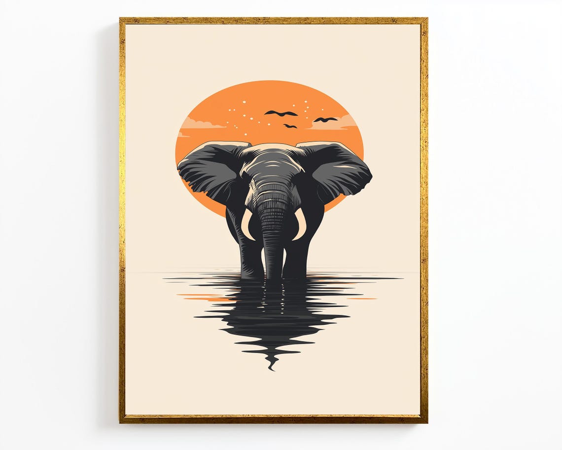 Minimalist Elephant Orange Sun Silhouette Water Reflection Art Poster - Image 4