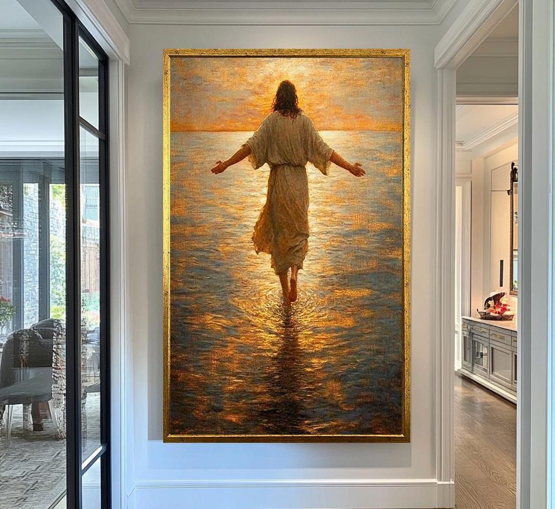 Jesus Walking On Water Golden Sunset Arms Open Wide Faith Poster