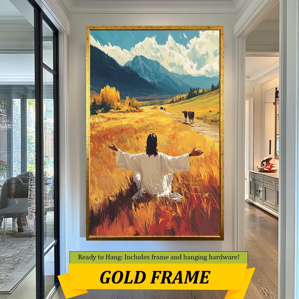 Jesus With Open Arms In Golden Wheat Field Mountain Landscape Poster - Image 5