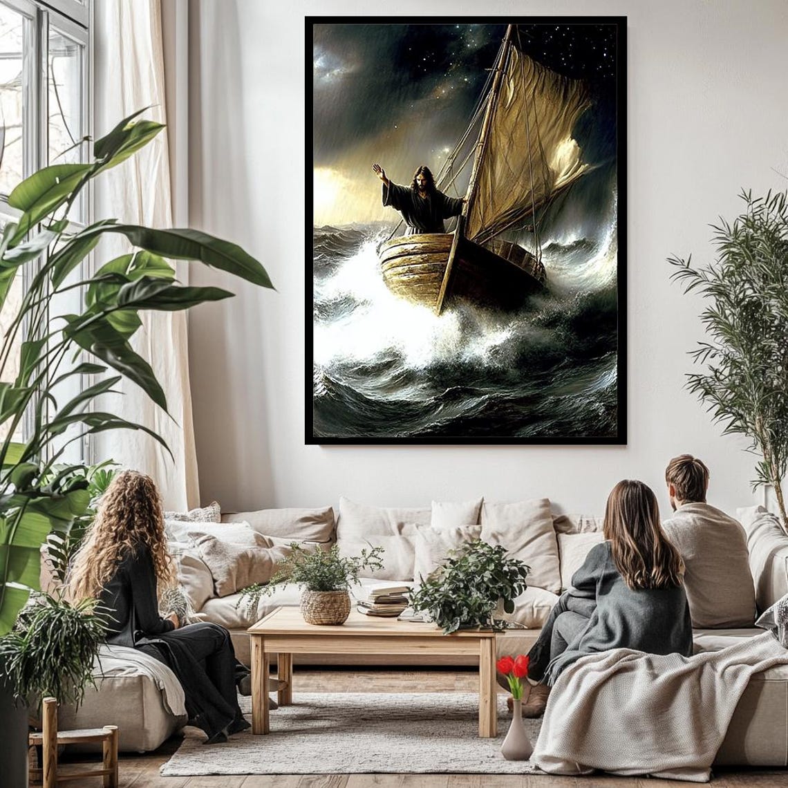 Jesus Calming The Storm In Wooden Sailboat Night Sea Christian Poster - Image 3