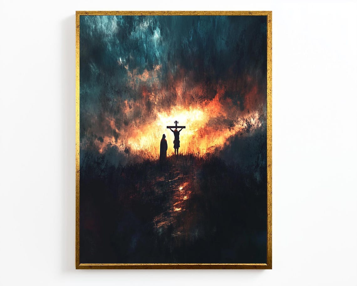 Crucifixion Cross Silhouette Fiery Orange Storm Clouds Night Poster - Image 4