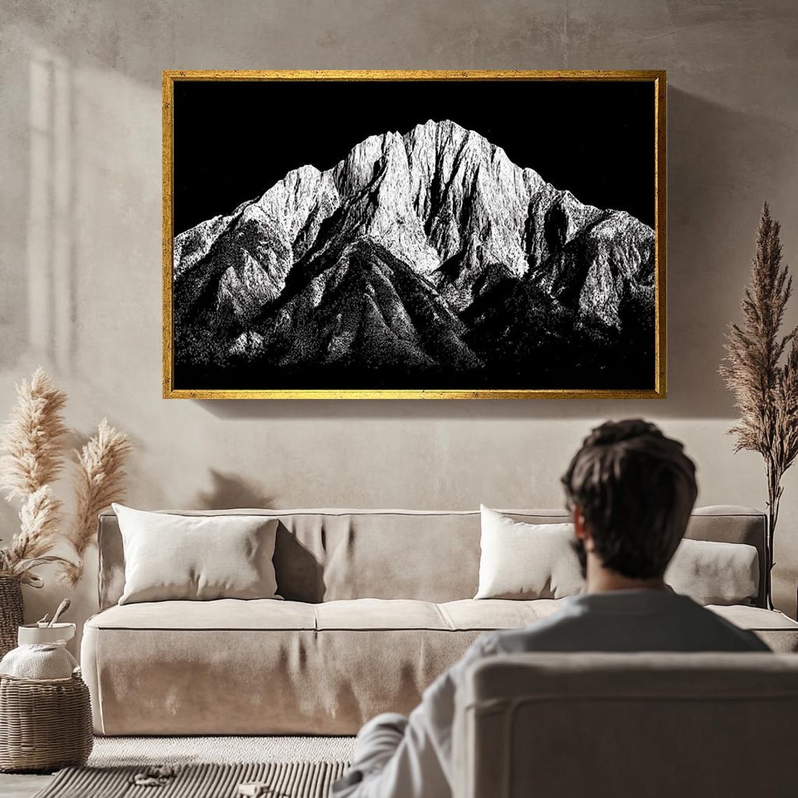Black And White Mountain Art Print Minimalist Mountain Landscape Drawing Modern Nature Wall Art Monochrome Mountain Illustration - Image 2