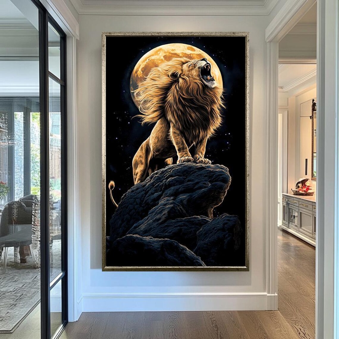Roaring Lion On Rocky Summit Before Giant Golden Full Moon Poster - Image 2