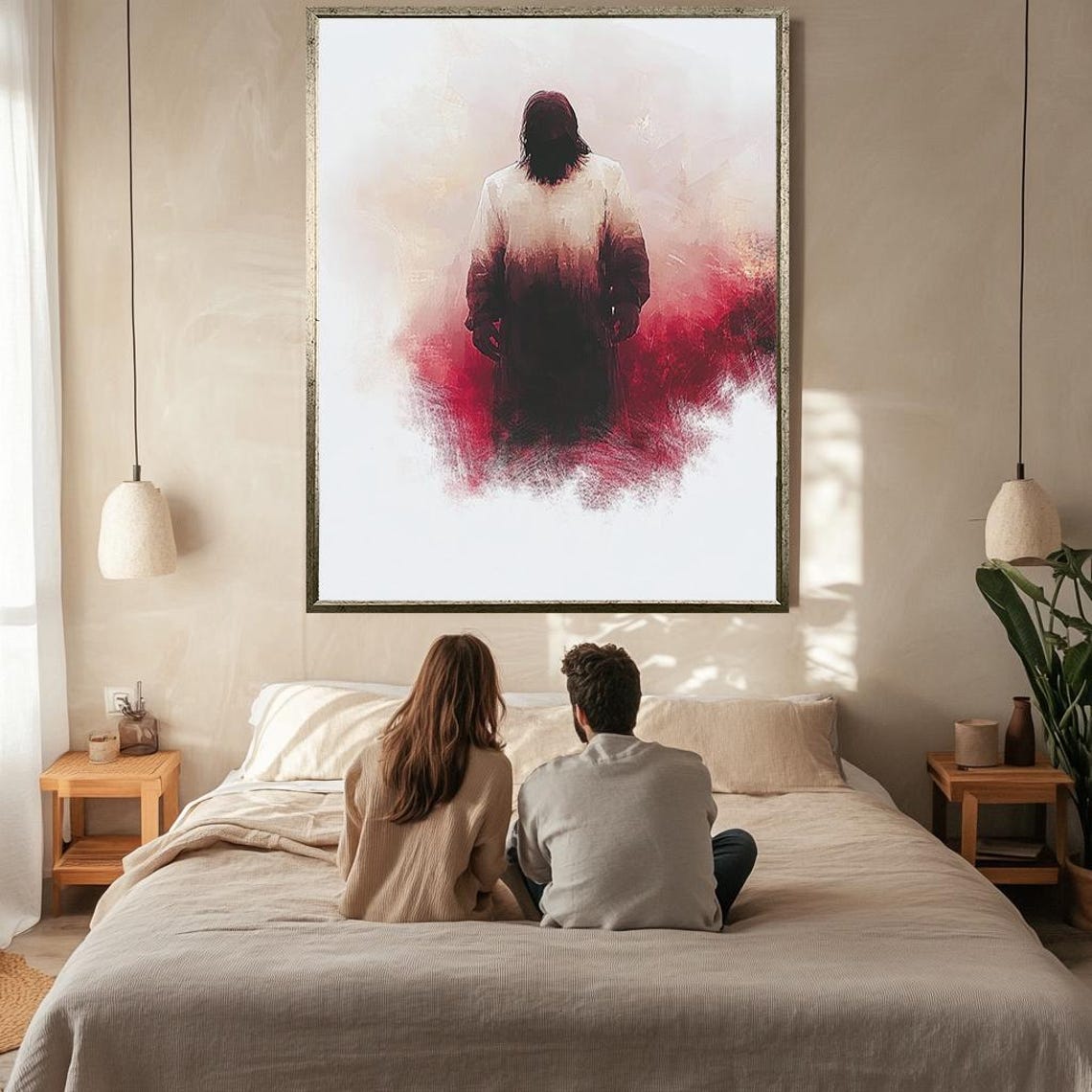 Jesus From Behind Minimalist Red Mist Watercolor Spiritual Art Poster - Image 2