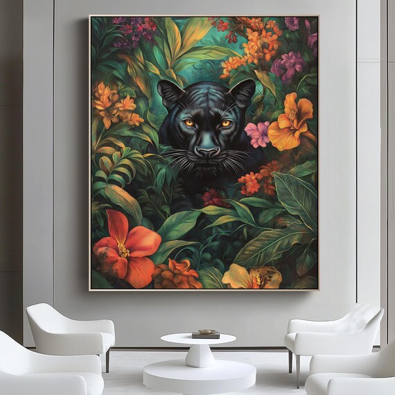 Black Panther Tropical Flowers Jungle Exotic Wildlife Art Wall Poster
