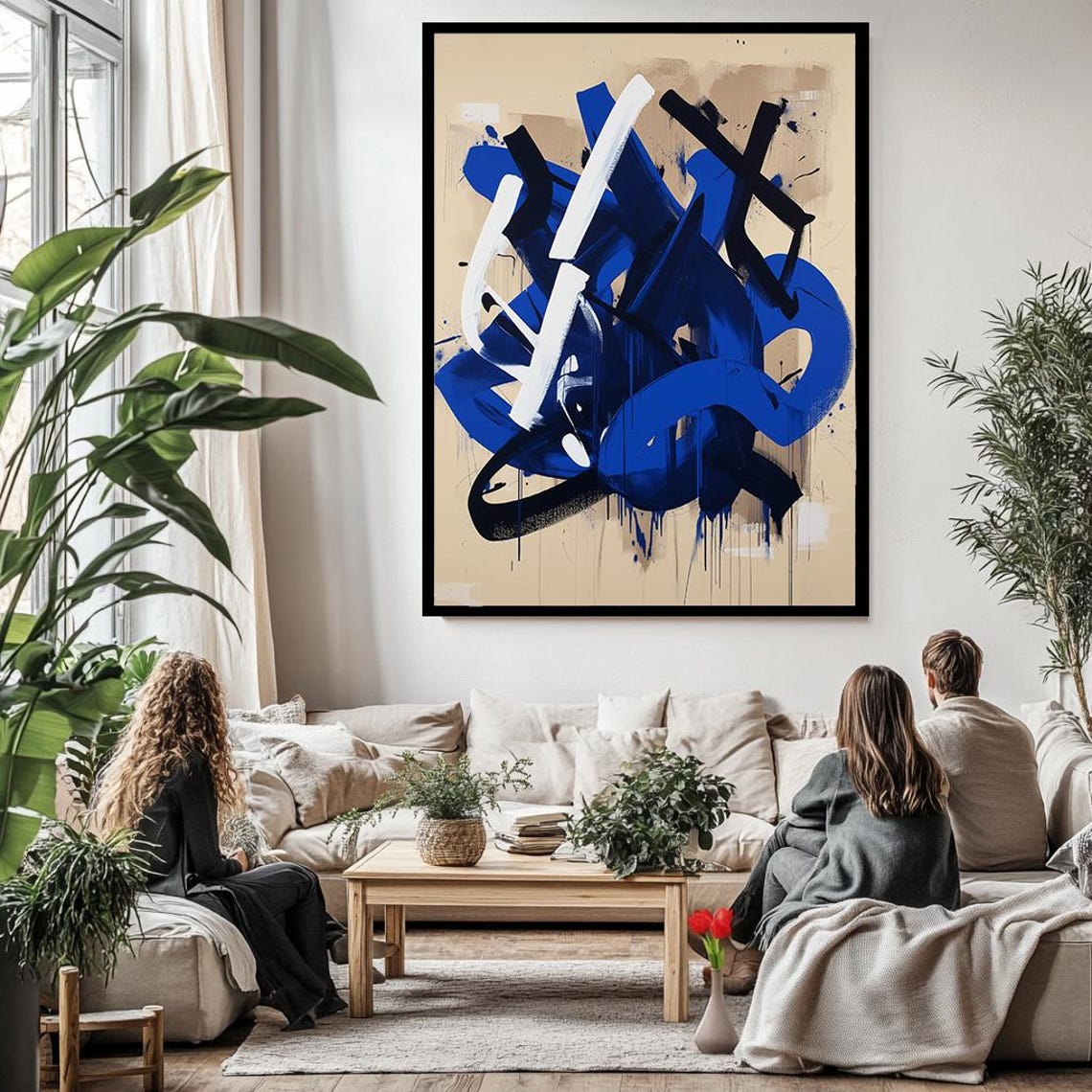 Bold Blue Black White Brush Stroke Beige Modern Abstract Art Poster - Image 3