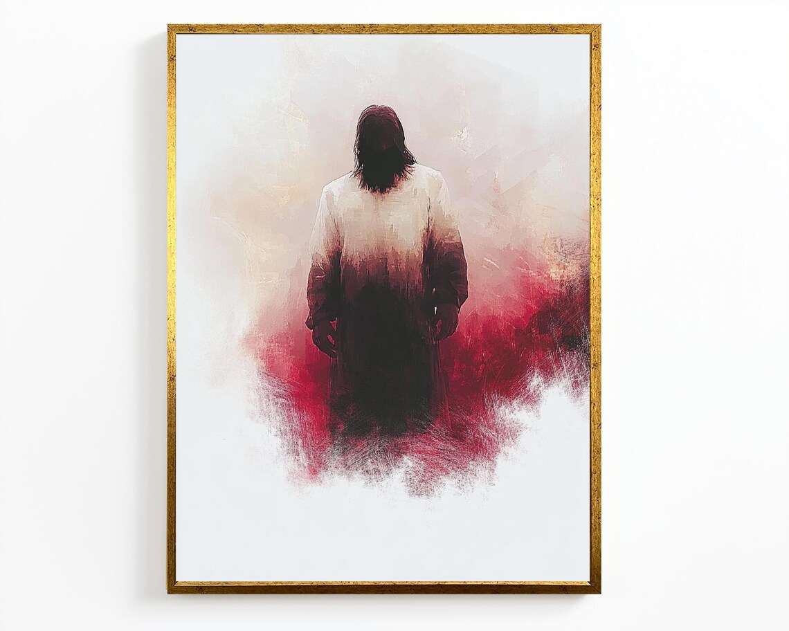 Jesus From Behind Minimalist Red Mist Watercolor Spiritual Art Poster - Image 4