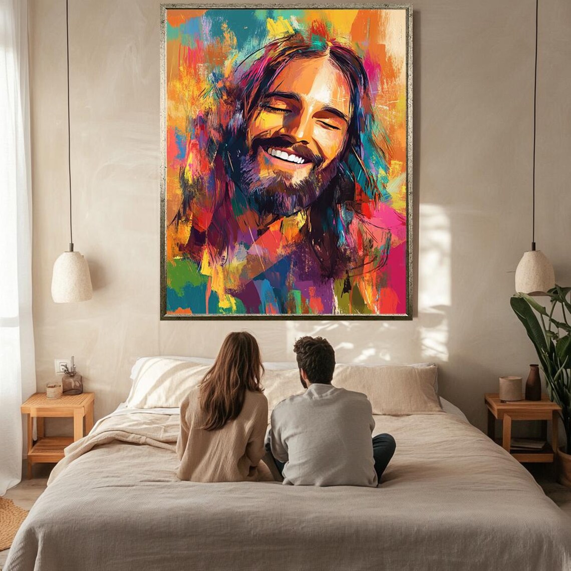 Smiling Jesus Christ Eyes Closed Vibrant Abstract Color Portrait Poster - Image 2