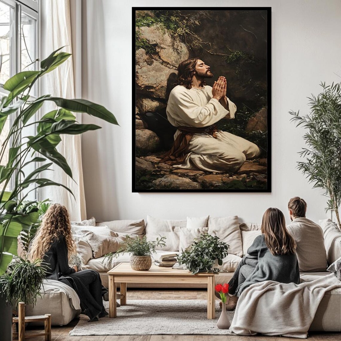 Jesus Praying In Gethsemane Garden Kneeling White Robe Faith Poster - Image 3