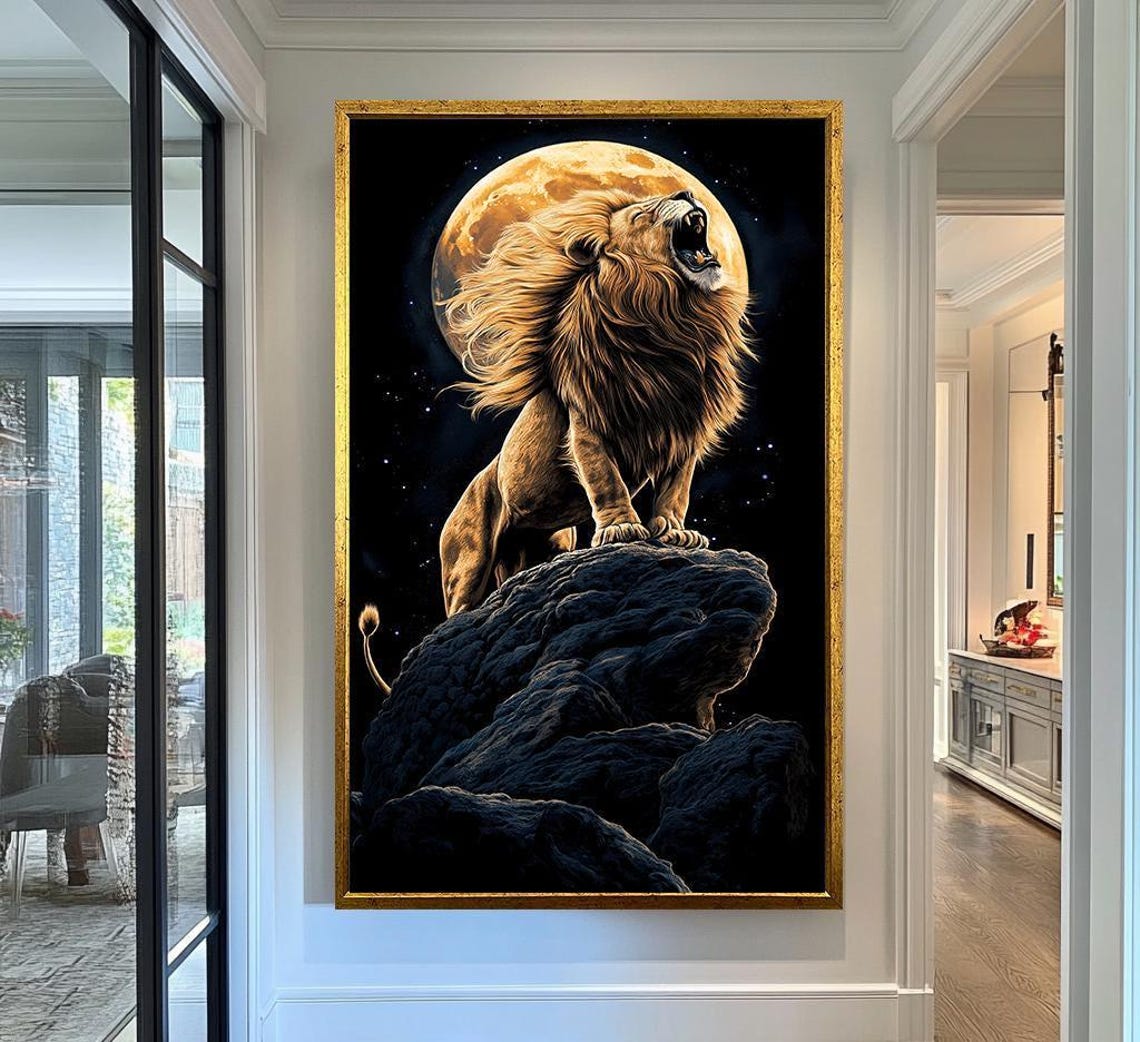 Roaring Lion On Rocky Summit Before Giant Golden Full Moon Poster