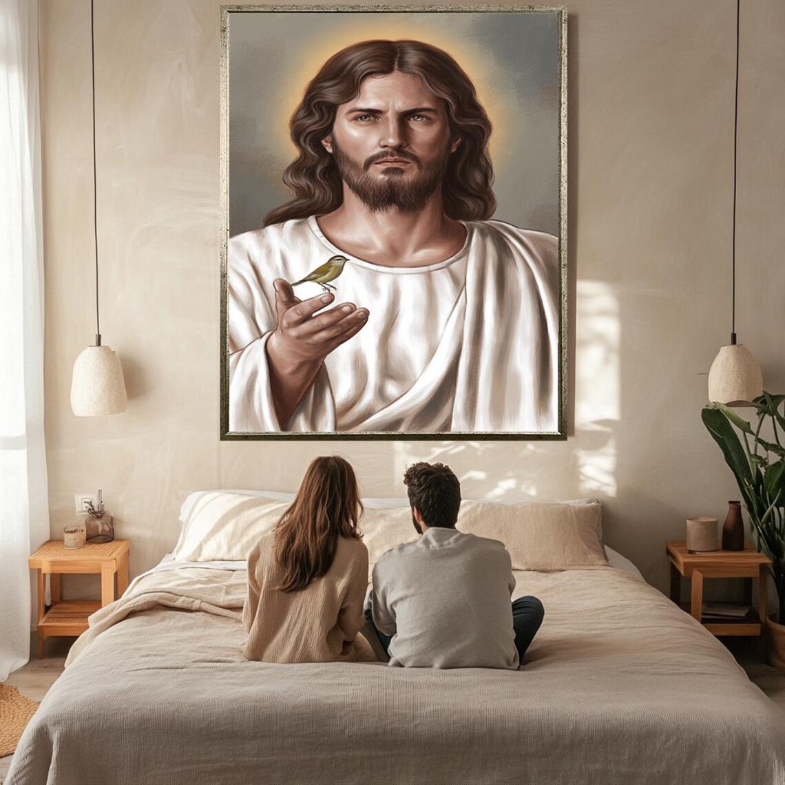 Jesus Christ With Halo Holding Small Bird On Hand Gentle Portrait Poster - Image 2