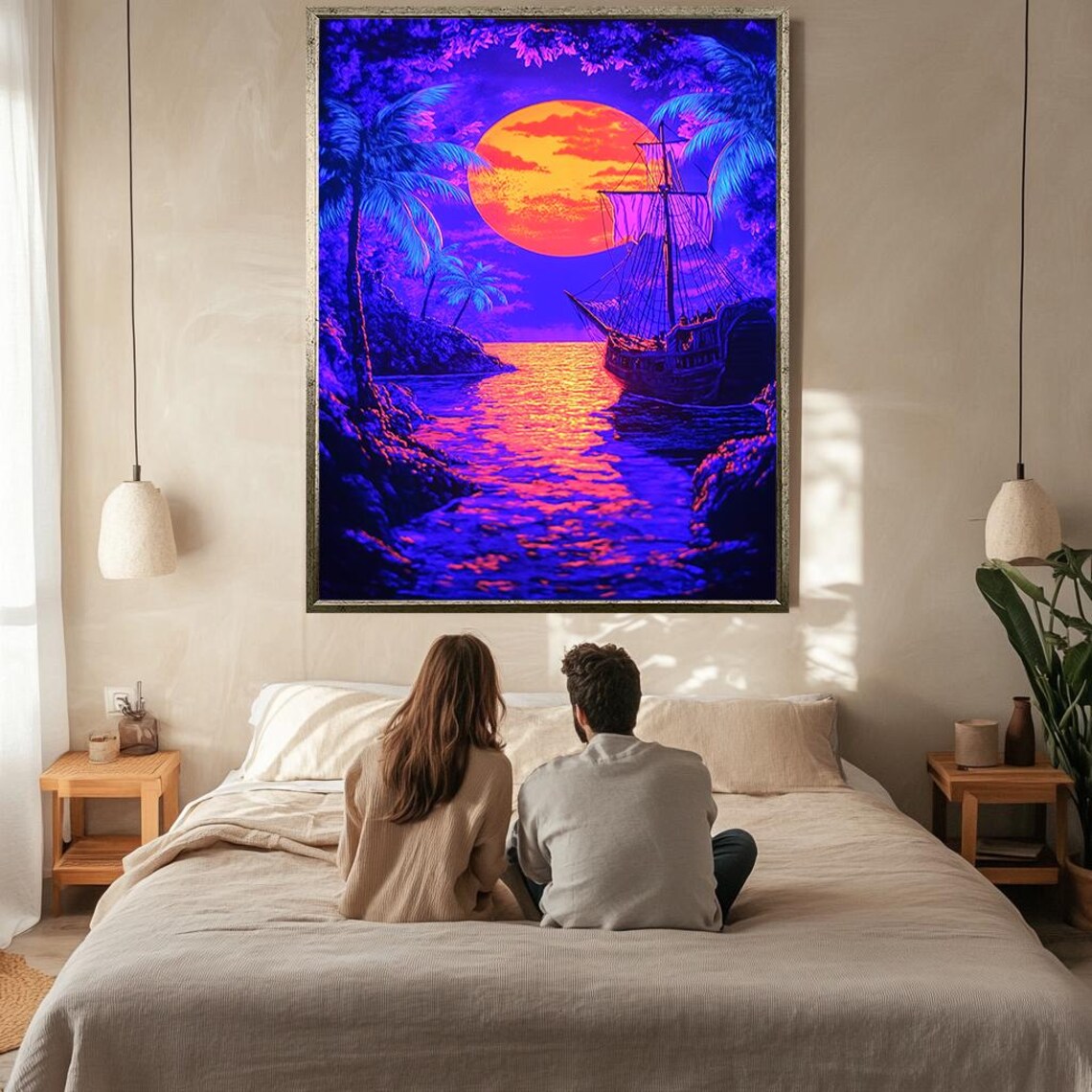 Neon Pirate Ship Sunset Ocean Moon Glow Tropical Retro Art Poster - Image 2