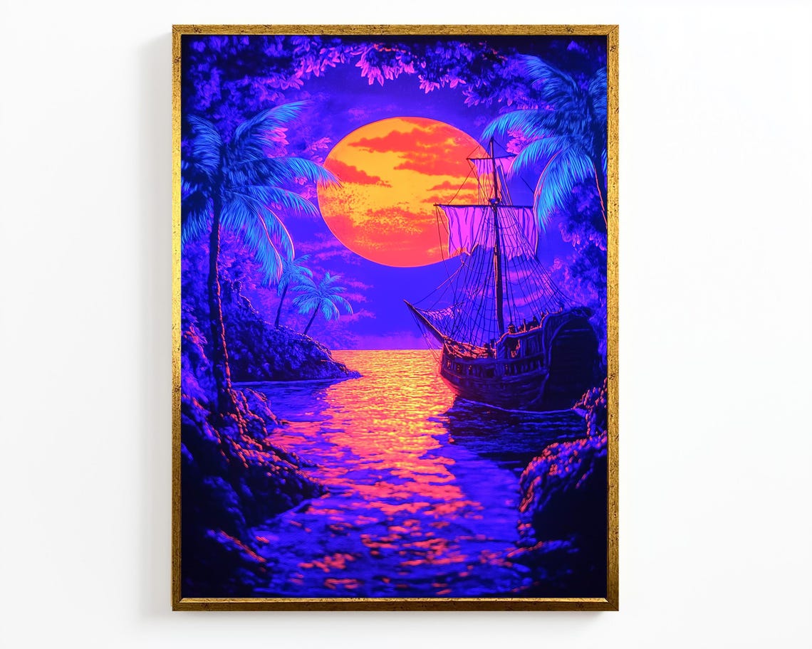 Neon Pirate Ship Sunset Ocean Moon Glow Tropical Retro Art Poster - Image 4