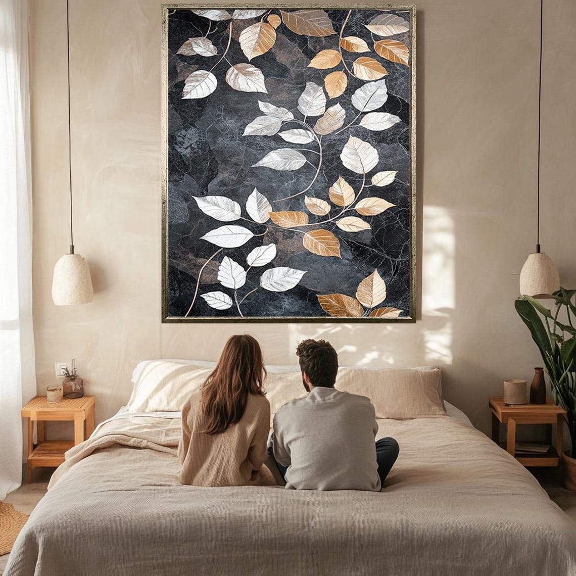 Gold And Silver Leaves Black Marble Botanical Modern Luxury Wall Art - Image 2