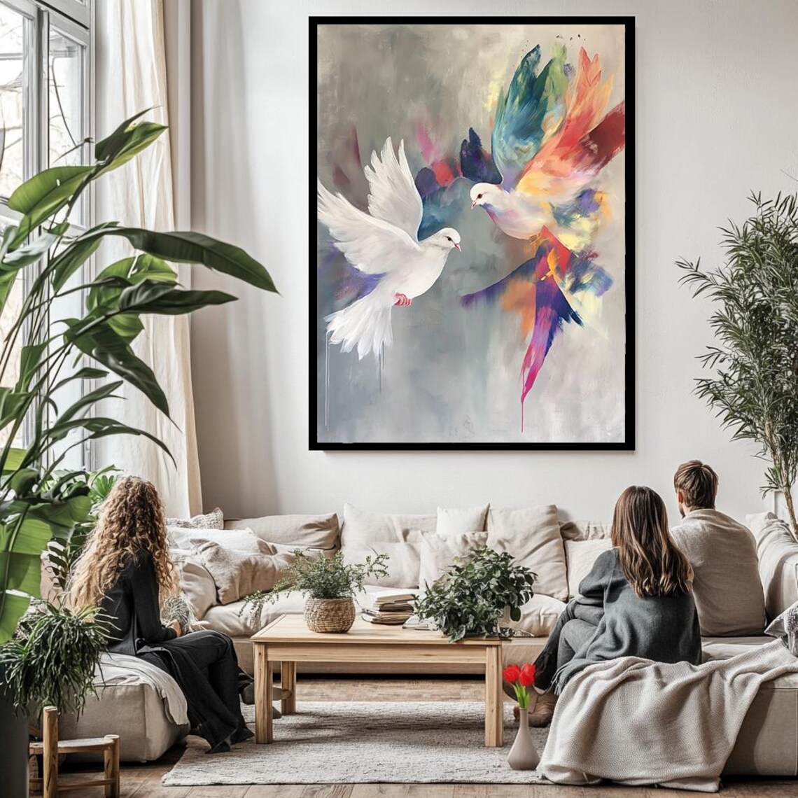 White Dove Colorful Watercolor Pair Peace Symbol Bird Art Wall Poster - Image 3