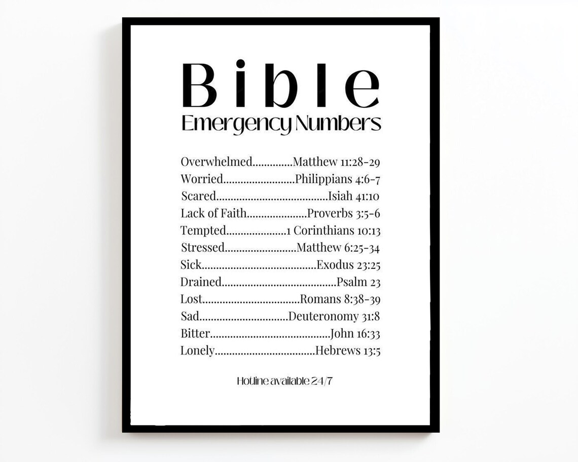 Bible Emergency Numbers Scripture Verse List Black White Typography Print - Image 4