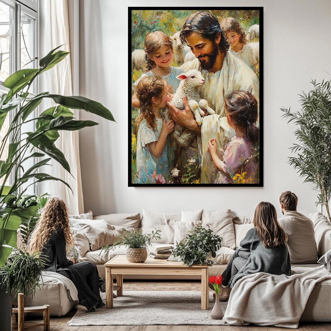 Jesus Holding Lamb Surrounded By Children Pastoral Christian Wall Art - Image 3