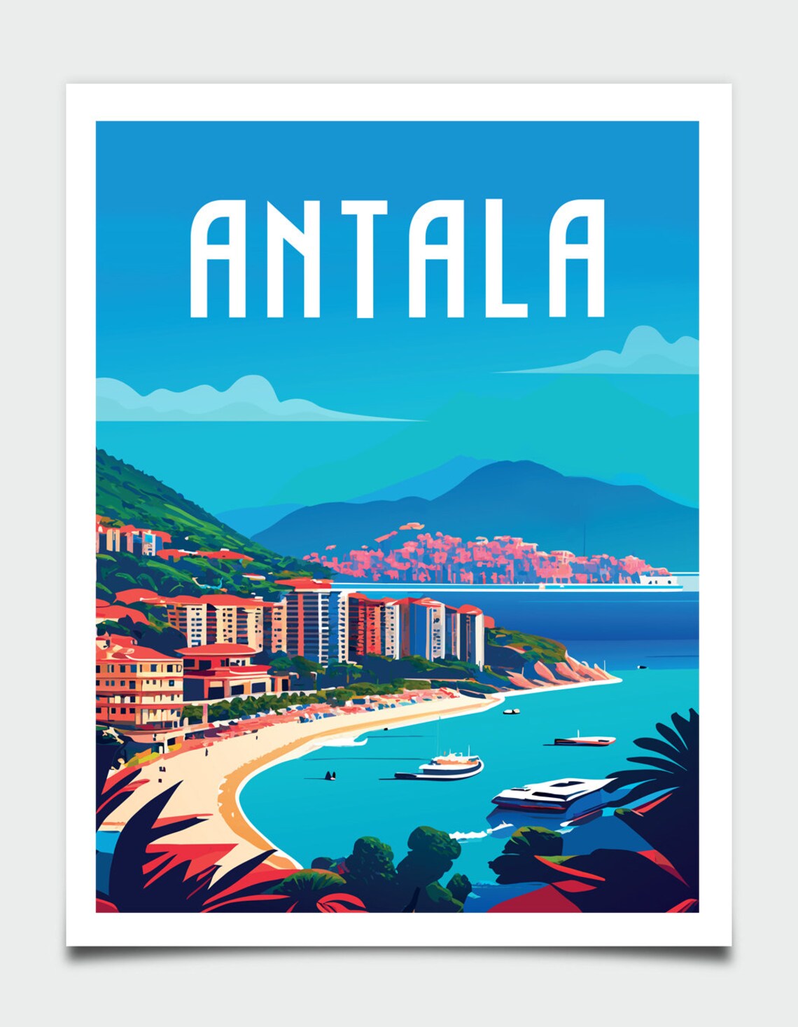 Antala Coastal City Red Roofs Beach Harbor Vintage Travel Poster - Image 4